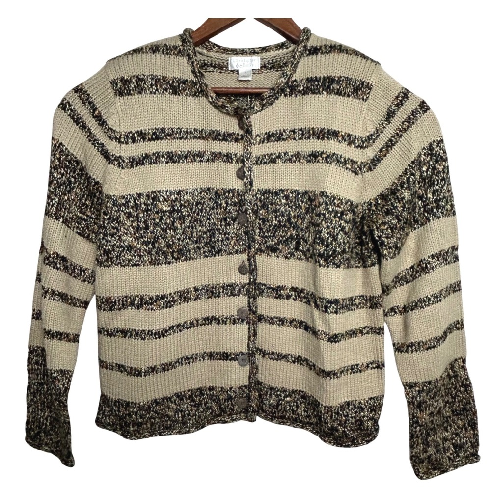 Christopher & Banks Vintage‎ Striped Cardigan Sweater Knitwear Neutral Womens L